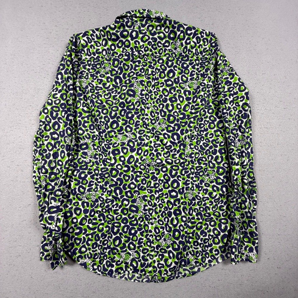 Lilly Pulitzer Leopard Animal Print Green Navy Blue Cotton Button Up Shirt 4 - Picture 4 of 9